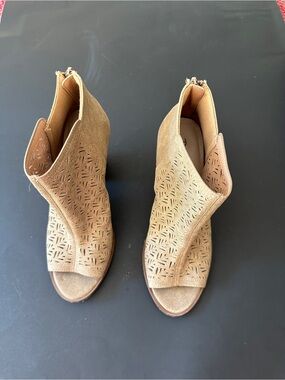 Restricted Tan Laser-Cut Open-Toe ankle booties
